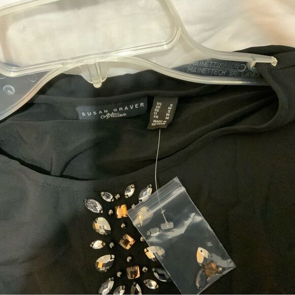 NWOT Susan Graver Artisan Liquid Knit Black Top Overlay Jewel Embellished Small - Picture 8 of 13